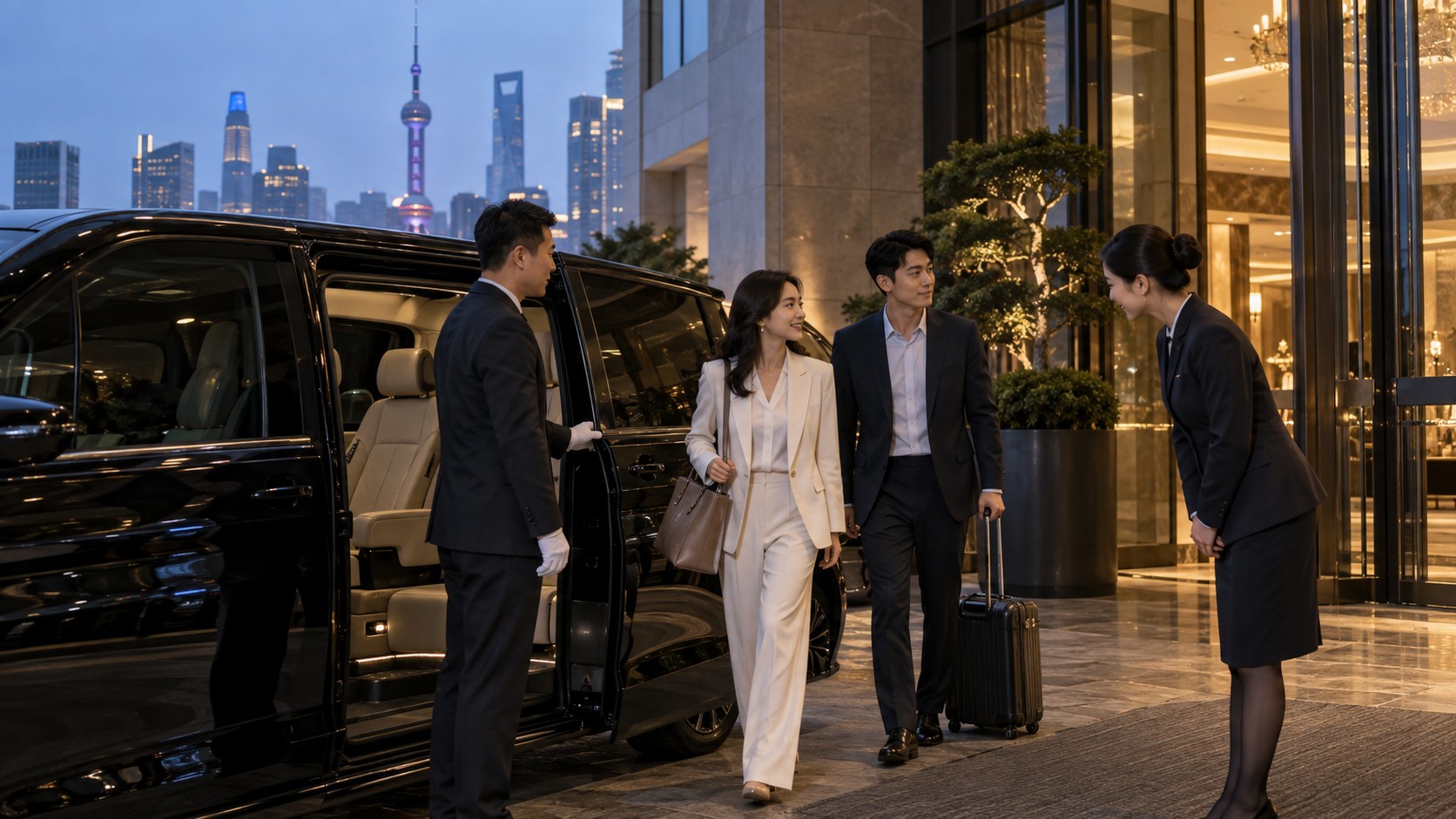 亚洲商务来宾抵达上海酒店的 AI 服务场景示意
