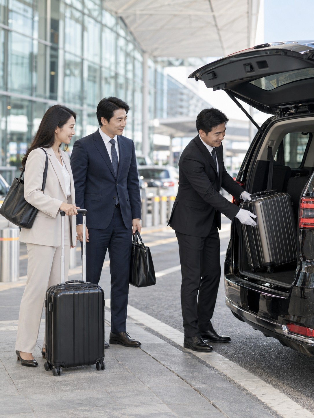 亚洲商务旅客与司机在机场交接行李的 AI 服务场景示意